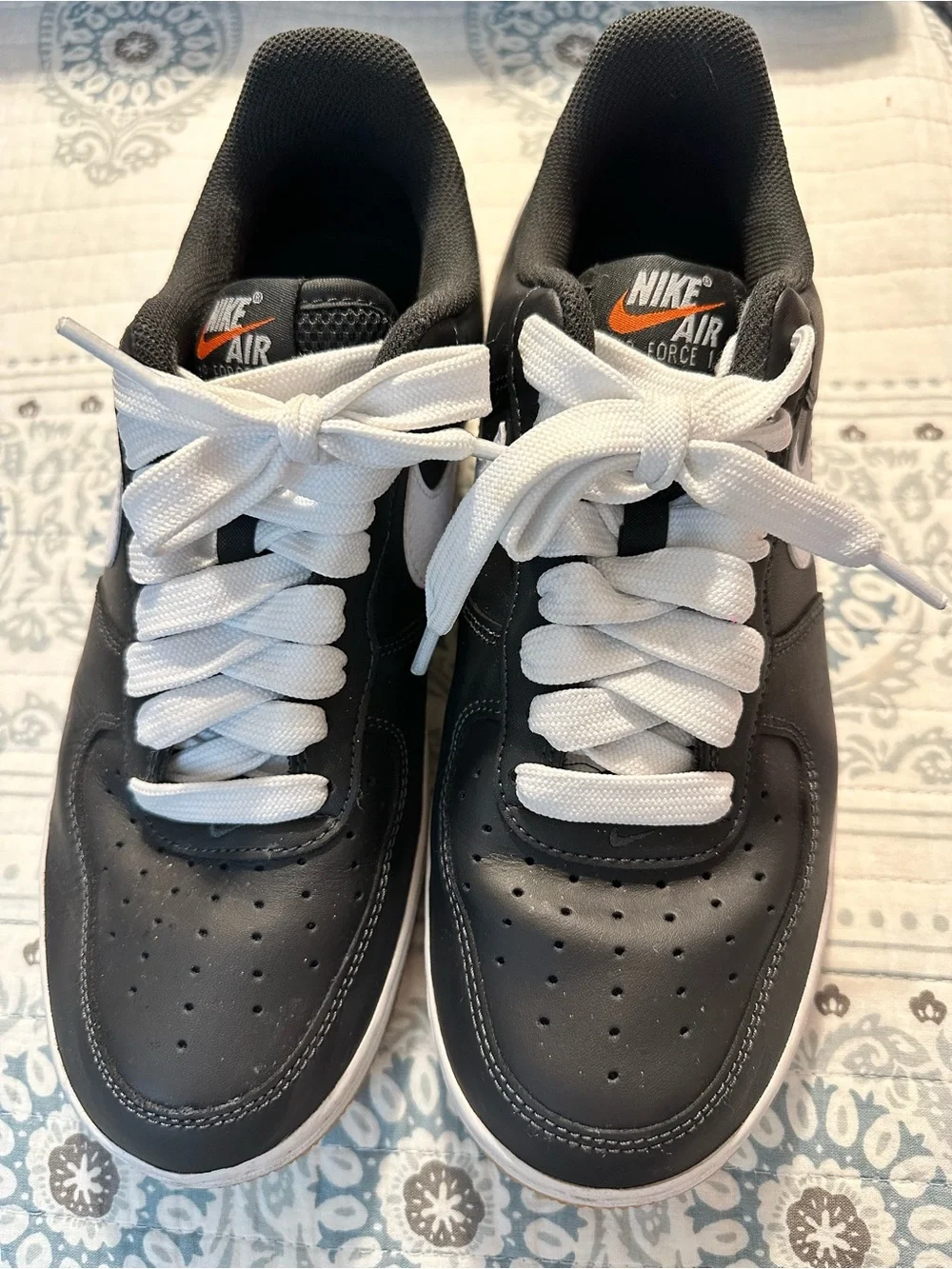 Nike Black and White Air Force 1 Low with Orange Swoosh Accents